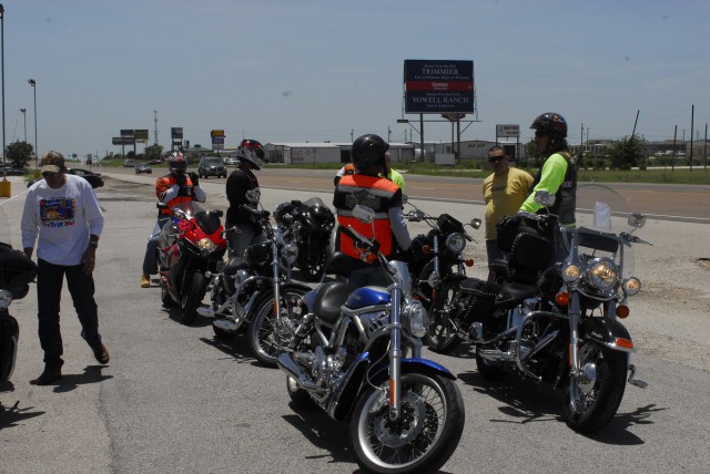FORT HOOD, Texas-Soldiers of the 41st Fires Brigade prepare to mount up and conduct a motorcycle mentorship ride to Marble Falls, Texas, July 16.  These rides are part of a hands-on program put in place to keep our Soldiers with motorcycles as safe a...