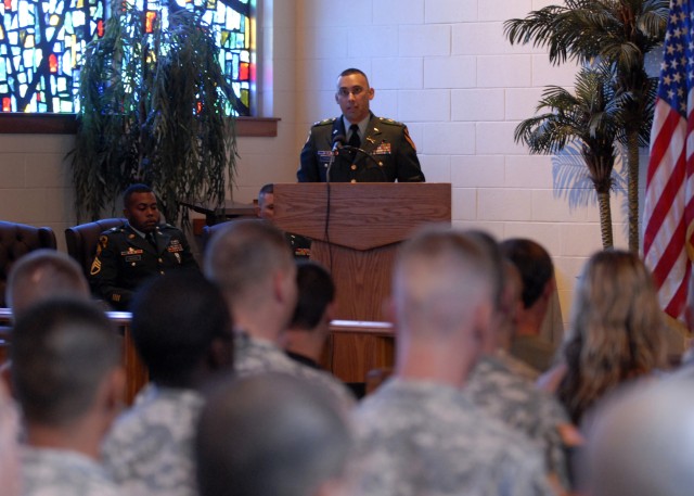FORT HOOD, Texas - Capt. Ivan Torres, commander for B Troop, 6th Squadron, 9th Cavalry Regiment, 3rd Brigade Combat Team, 1st Cavalry Division, addresses Family members and Soldiers at Fort Hood's 1st Cavalry Division's Memorial Chapel during the mem...