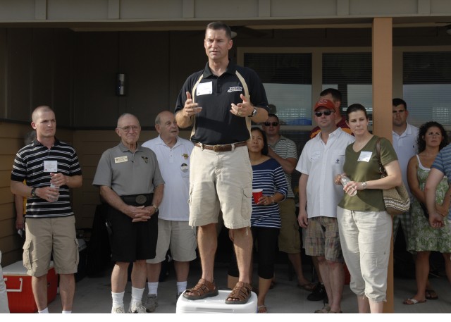 FORT HOOD, Texas - Col. Douglas Crissman, the commander of 3rd Brigade Combat Team, 1st Cavalry Division, addresses West Point cadets and members of the Heart of Texas West Point Society at his residence, July 22. The cadets were invited by the...