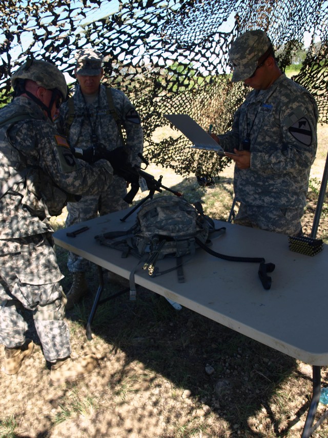 FORT HOOD, Texas - Shelburne, Vt. Native, Capt. Christopher Geoff (far left), a brigade planning officer for 1st Brigade Combat Team, 1st Cavalry Division, demonstrates his proficency by performing a functions check on an M249 squad automatic weapon ...