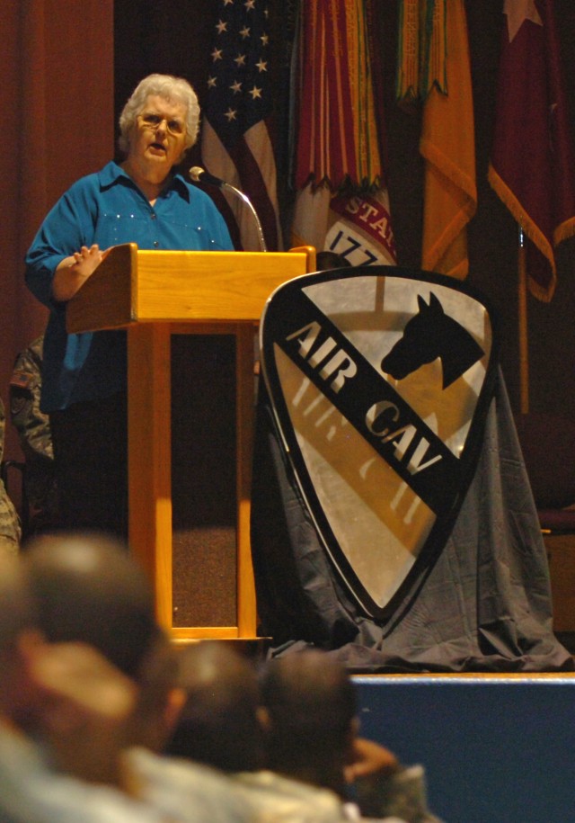 FORT HOOD, Texas - Annabelle Smith, director of the office of student aid and veteran services at Central Texas College, talks on her experiences in the Women's Army Corps, Aug. 26, during a Women's Equality Day observance sponsored by 1st Air Cavalr...