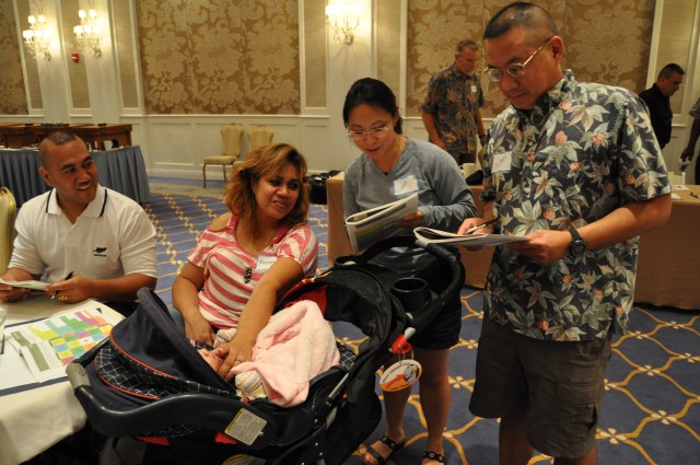 Albert and Susan Puletasi (left) work with Eleanor and Colbert Low (right) to complete couples' bingo cards. Bingo was one of the many activities the couples participated in during the Married Skills Workshop Aug. 27-29 in Kapolei, Hawaii. Albert is ...