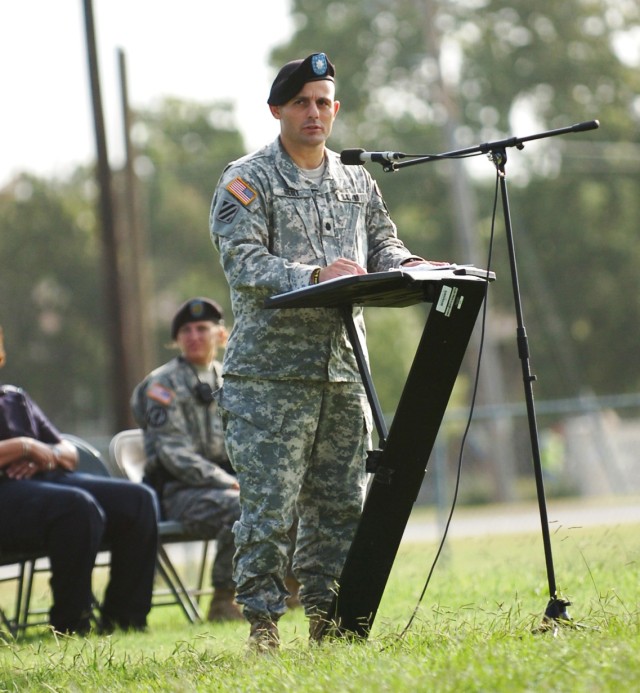 FORT HOOD, Texas- Lt. Col. Peter Sicoli, commander of the 1st Battalion, 8th Cavalry Regiment, 2nd Brigade Combat Team, 1st Cavalry Division, delivers a speech commemorating the events of September 11, 2001 during a 9/11 Memorial Ceremony at Smith Mi...