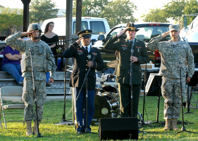 FORT HOOD, Texas - From left to right, Spc. William Eiler, from Palm Beach, Fla.; Spc. Steven Fulir, from Boston; Spc. William Shepherd, from Nashville; and Spc. William Rabun, from Colorado Springs, all band members in the 1st Cavalry Division Band,...