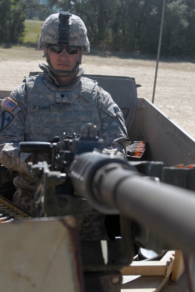 FORT HOOD, Texas - Colorado Springs native, Spc. Matt Burks, a team leader assigned to Company B, 2nd Battalion, 8th Cavalry Regiment, 1st Brigade Combat Team, 1st Cavalry Division, prepares to fire the .50-caliber machine gun during the unstabilized...