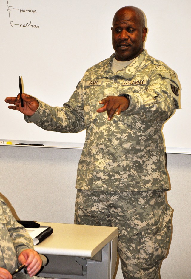 FORT HOOD, Texas- Sgt. 1st Class Bryant Trapp, of Saginaw, Mich., master resiliency training instructor with 589th Brigade Support Battalion, 41st Fires Brigade, conducts a lecture during an MRT class at the Fort Hood Education Center, Oct. 13. The M...