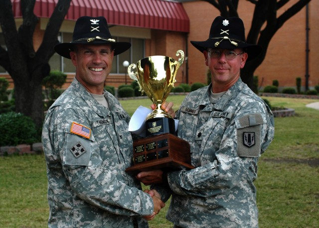 FORT HOOD, Texas- Col. John Thomson (left), brigade commander of the 41st Fires Brigade, presents a first place trophy to Lt. Col Brian Hammer, battalion commander of the 2nd Battalion, 20th Field Artillery Regiment, 41st Fires Brigade, for his batta...