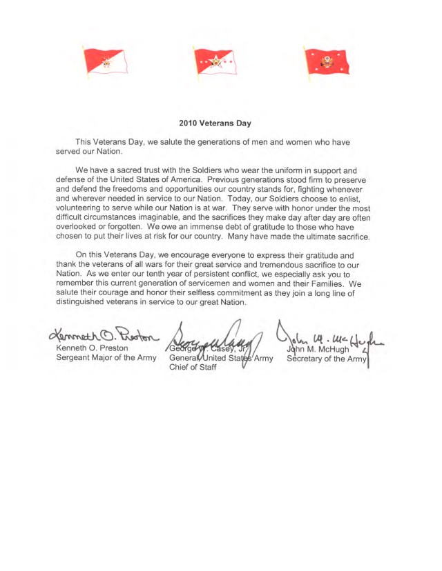 2010 Veterans Day Tri-signed Letter