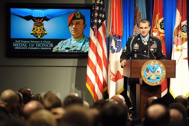 Medal of Honor recipient U.S. Army Staff Sergeant Salvatore Giunta thanks his teammates from Company B, 2nd Battalion, Airborne, 503rd Infantry Regiment and all those in the room that helped shape his life, during his induction ceremony into the Hall...