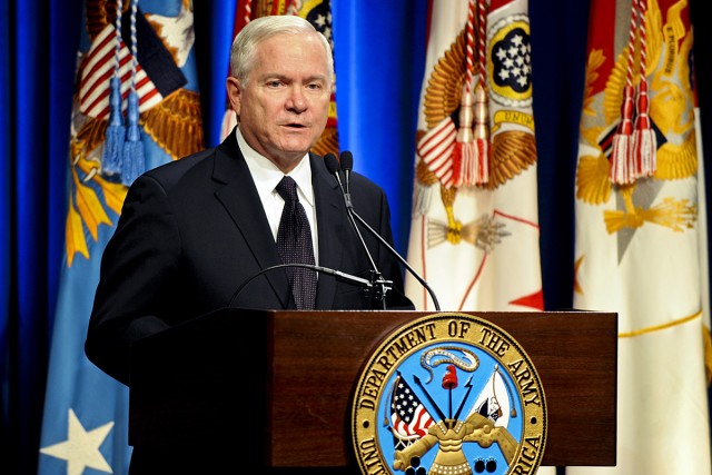 Defense Secretary Robert M. Gates addresses the audience during the induction ceremony into the Hall of Heroes for Medal of Honor recipient Army Staff Sgt. Salvatore Giunta at the Pentagon, Nov. 17, 2010. Giunta, the award's first living recipient...