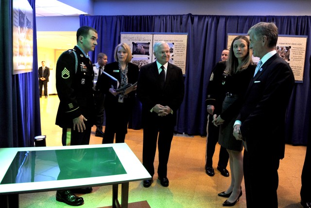 Left to right, Medal of Honor recipient Army Staff Sgt. Salvatore Giunta, Defense Secretary Robert M. Gates, Giunta's wife Jennifer, and Secretary of the Army John McHugh speak backstage just prior to Giunta's induction ceremony into the Hall of Hero...