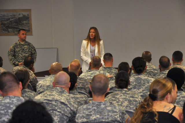 Beverly Tate, the CAB commander&#039;s wife, addresses the Soldiers about utilizing services provided by the Family Readiness Group