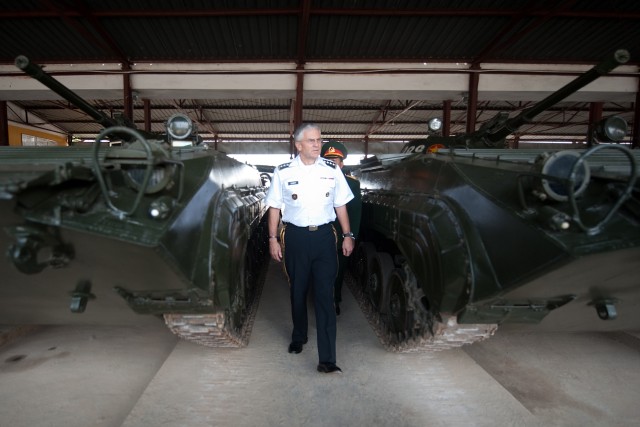 Chief of Staff of the US Army, Gen. George W. Casey Jr., is shown tanks belonging to the 308th Infantry Division during his visit in Vietnam on Nov. 22, 2010.  This year marks the 15th anniversary of the normalization of U.S.-Vietnam US diplomatic re...