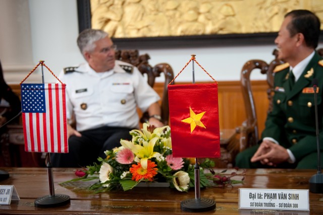 Chief of Staff of the US Army, Gen. George W. Casey Jr., meets with the 308th Infantry Division Commander, Pham Van Sinh, at the 308th headquarters near Hanoi, Vietnam on Nov. 22, 2010.  Casey meet with Vietnam's senior Army leaders to help further m...