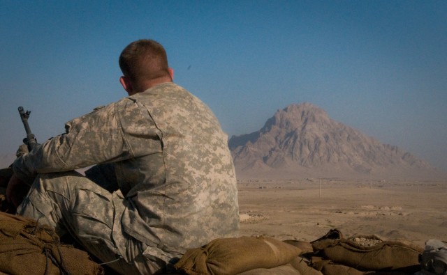 U.S. Soldier watches from Alexander the Great&#039;s lookout