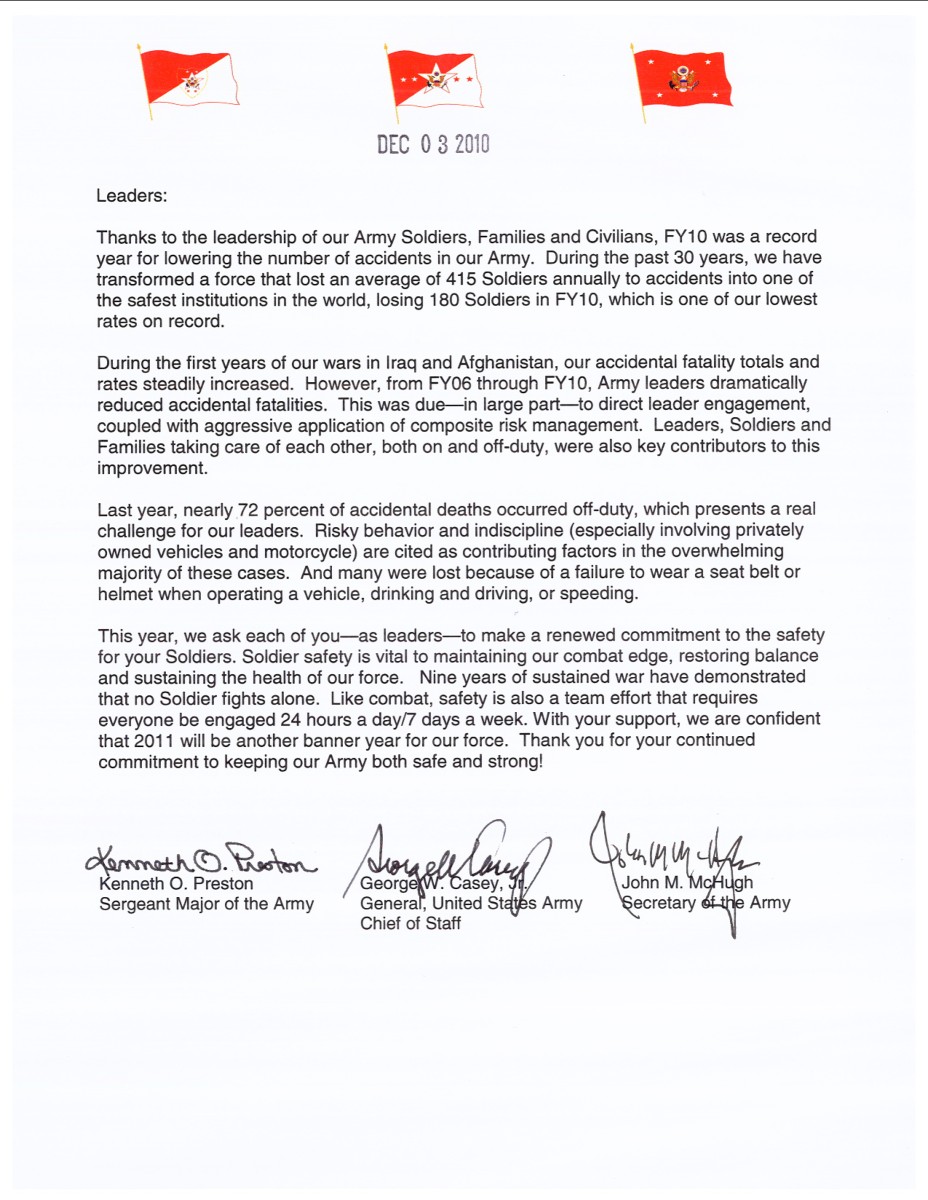 2010 Tri-signed safety letter | Article | The United States Army