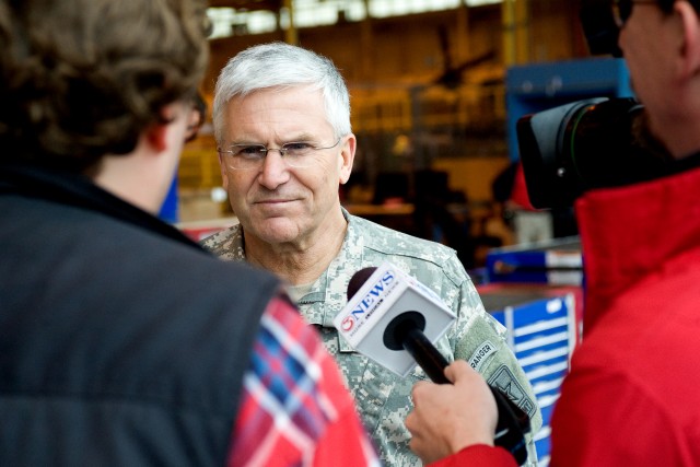 Chief of Staff of the US Army, Gen. George W. Casey Jr., talks with members of the media at the Corpus Christi Army Depot, TX, Jan. 10, 2011.  The depot is a US Department of Defense Center of Industrial and Technical Excellence for rotary wing aircr...