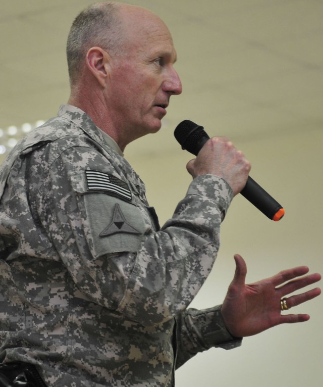 CONTINGENCY OPERATING SITE WARRIOR, Iraq - Lt. Gen. Robert Cone, deputy commanding general, operations, U.S. Forces-Iraq, speaks to Soldiers assigned to 1st Advise and Assist Task Force, 1st Infantry Division, during a visit to Contingency...