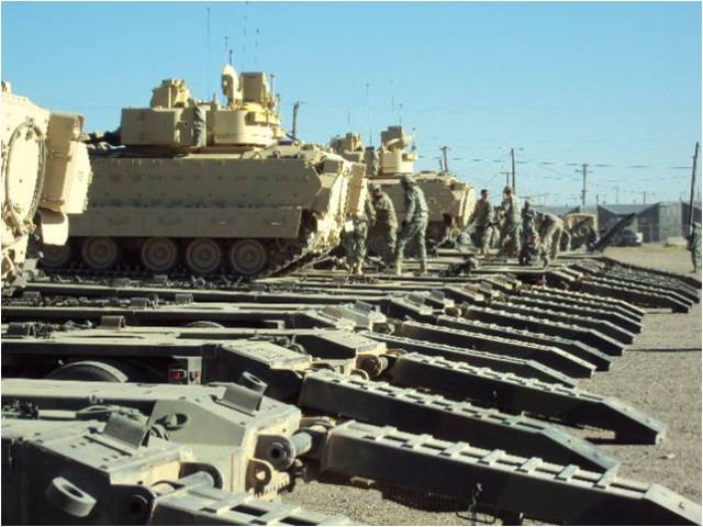 Soldiers with the 47th Transportation Company, 142nd Combat Sustainment Support Battalion, 15th Sustainment Brigade, prep M2 Bradley’s (Infantry Fighting Vehicles) for transport from Dona Ana Range, New Mexico to Fort Bliss, Texas in support of the 4...