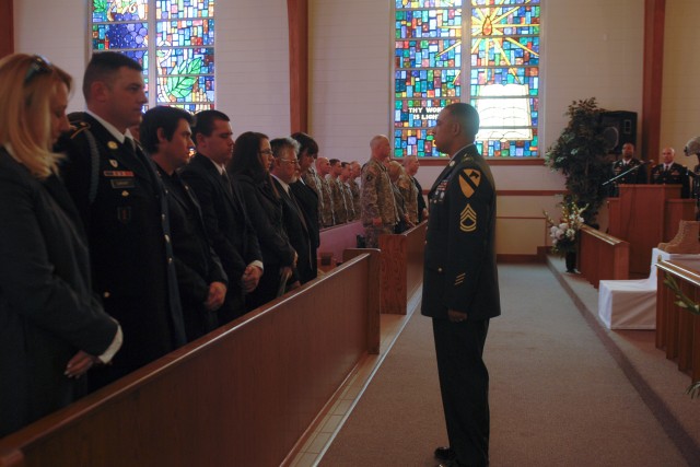 FORT HOOD, Texas.- Sgt. 1st Class Norberto Perez, the first sergeant for B Company, 3rd Battalion, 8th Cavalry Regiment, 3rd Brigade Combat Team, 1st Cavalry Division, performs the roll call at a memorial service on Fort Hood Jan. 26 for Spc. Ian...