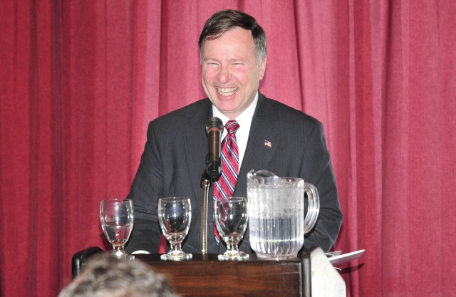 U.S. Representative Doug Lamborn [R-5] shares a laugh while speaking to Soldiers and civilians of Space and Missile Defense programs during the Missile Defense business luncheon Feb. 2, 2011 in the Falcon Club at the Air Force Academy, Colorado Sprin...