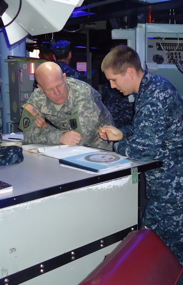 ABOARD U.S.S. PREBLE - Chief Warrant Officer Shane Terrell (left), from San Antonio, a targeting officer for Headquarters and Headquarters Battery, 41st Fires Brigade, conducts coordination with Navy Lt. Junior Grade Randy Reichenbach, of Dallas,...