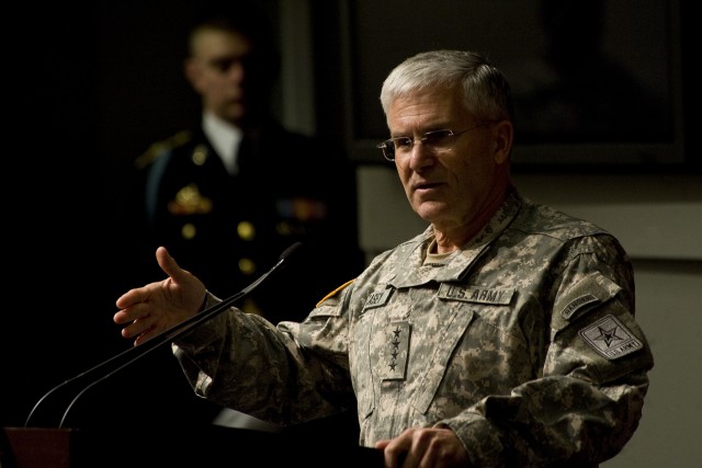 Chief of Staff of the Army, Gen. George W. Casey Jr., speaks at a farewell event for Sgt. Maj. of the Army Kenneth O. Preston at the Pentagon in Washington DC on Feb. 25, 2011.  Preston has served as the Army's top enlisted adviser for seven years...