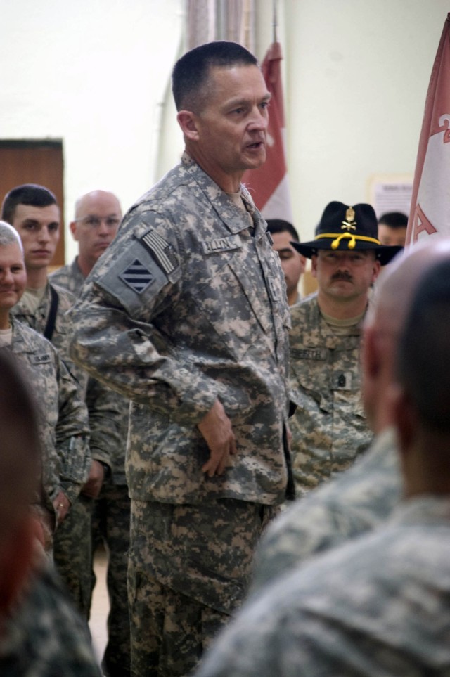 JOINT SECURITY STATION INDIA, Iraq - Maj. Gen. Daniel Allyn, commanding general of 1st Cavalry Division, speaks to troops assigned to 2nd Battalion, 7th Cavalry Regiment, 4th Advise and Assist Brigade, 1st Cav. Div., at Joint Security Station India, ...