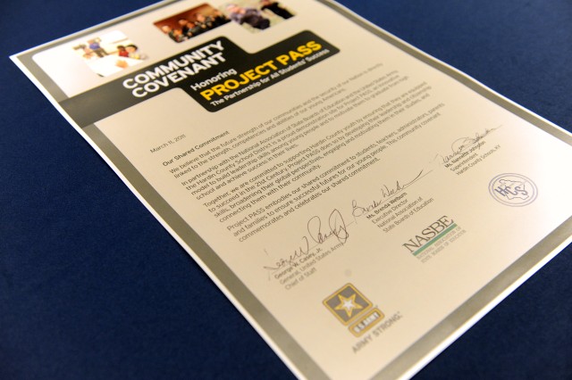 A Community Covenant honoring project PASS recently signed by Hardin County Superintendent Nanette Johnson, National Association of State Boards of Education Executive Director Brenda Welburn and Chief of Staff of the Army Gen. George W. Casey Jr....