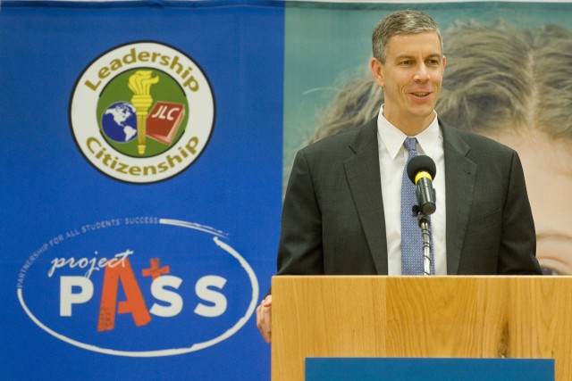 Secretary of Education Arne Duncan addresses the audience of the national launch ceremony for project Pass at North Middle School in Radcliff, Ky., on Mar. 11, 2011. Project PASS - Partnership for All Student Success - is an umbrella for high schools...