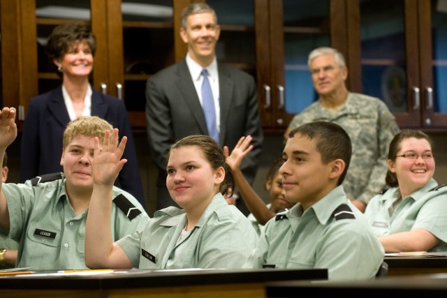 Junior Leadership Corps Cadets participate in class while Hardin County Superintendent Nanette Johnson, Secretary of Education Arne Duncan and Chief of Staff of the Army Gen. George W. Casey Jr. observe at North Middle School in Radcliff, Ky., on Mar...