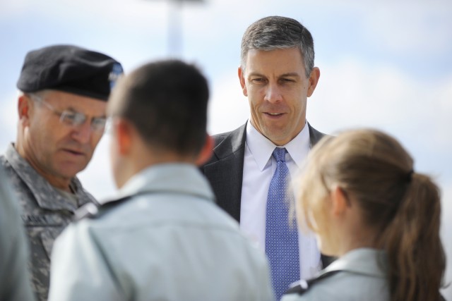 Secretary of Education Arne Duncan and Chief of Staff of the Army Gen. George W. Casey Jr., meet Junior Reserve Officer Training Corps Cadets at North Middle School in Radcliff, Ky., on Mar. 11, 2011.  Duncan and Casey are visiting the school to laun...