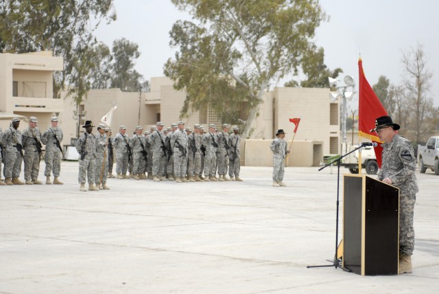 CONTINGENCY OPERATING SITE MAREZ, Iraq - Lt. Col. Elward Cortez, commander of 27th Brigade Support Battalion, 4th Advise and Assist Brigade, 1st Cavalry Division, speaks to Soldiers after assuming command of the battalion during a Change of Command c...