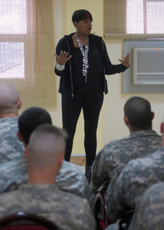 CONTINGENCY OPERATING SITE MAREZ, Iraq - Carmen Barton, an entertainer from St. Louis, performs a stand-up comedy routine for Soldiers assigned to Troop B, 1st Squadron, 9th Cavalry Regiment, 4th Advise and Assist Brigade, 1st Cavalry Division,...