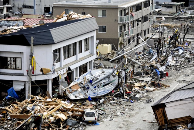 Boat against building in Japan