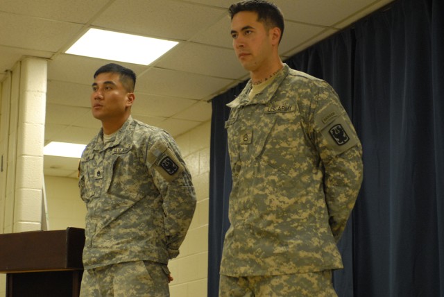 Staff Sgts. Teodoro Buno, left, and Elliott Alcantara served with the platoon depicted in the Oscar-nominated documentary Restrepo. They talked about their experiences in Afghanistan and the Army during a March 8 visit to A Company, 2nd Battalion, 47...