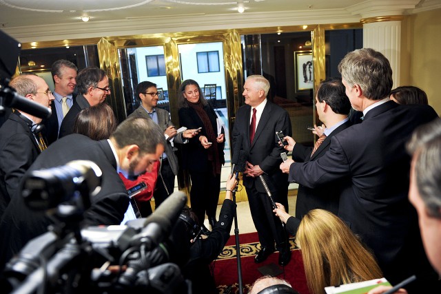Gates speaks to reporters