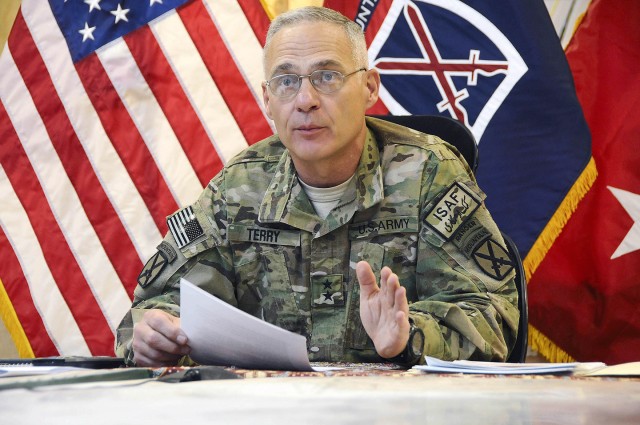 Maj. Gen. James L. Terry, Regional Command South and 10th Mountain Division (LI) commander, holds a press conference from RC-South headquarters Friday at Kandahar Airfield, Afghanistan. Journalists from North Country media asked the general...