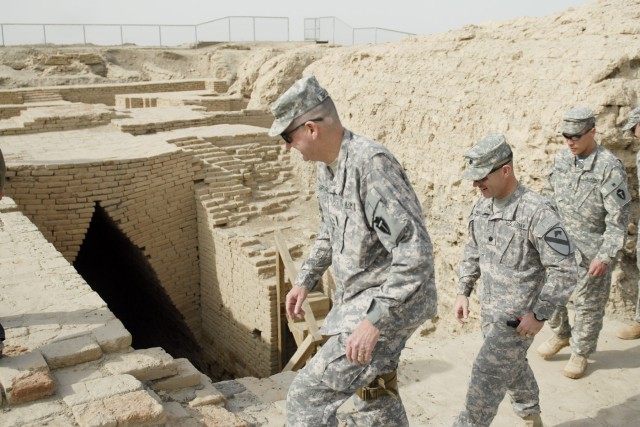 CONTINGENCY OPERATING BASE ADDER, Iraq - Maj. Gen. Eddy Spurgin (front), commander, 36th Infantry Division and United States Division - South, tours the Ziggurat of Ur March 16 as part of his visit to Task Force 2nd Battalion, 82nd Field Artillery Re...