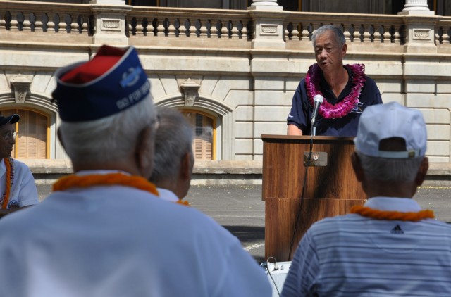 Retired Maj. Gen. Robert G.F. Lee, a member of Hawaii's Congressional Gold Medal committee and the former Hawaii Adjutant General, addresses veterans and Reservists from the 100th Battlion, 442nd Infantry Regiment, and community members March 28,...