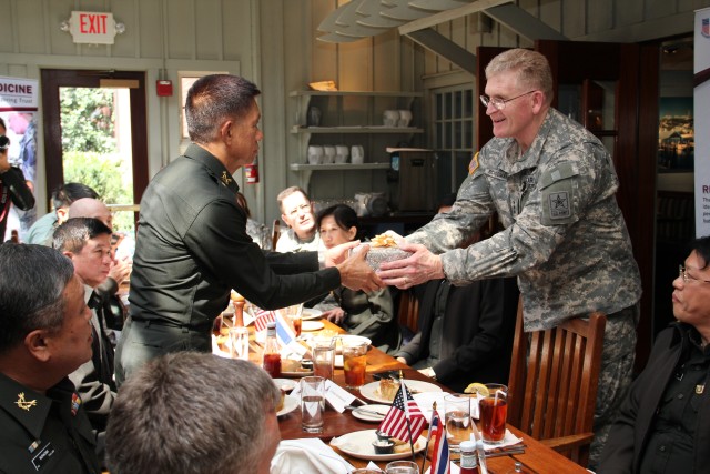 U.S. Army Surgeon General, Lt. Gen Eric Schoomaker, hosted a luncheon, April 4, for the Royal Thai Army Surgeon General, Lt. Gen. Sahachart Pipithkul,  and his delegation of senior medical department personnel, which included Lt. Gen. Thavatchai...