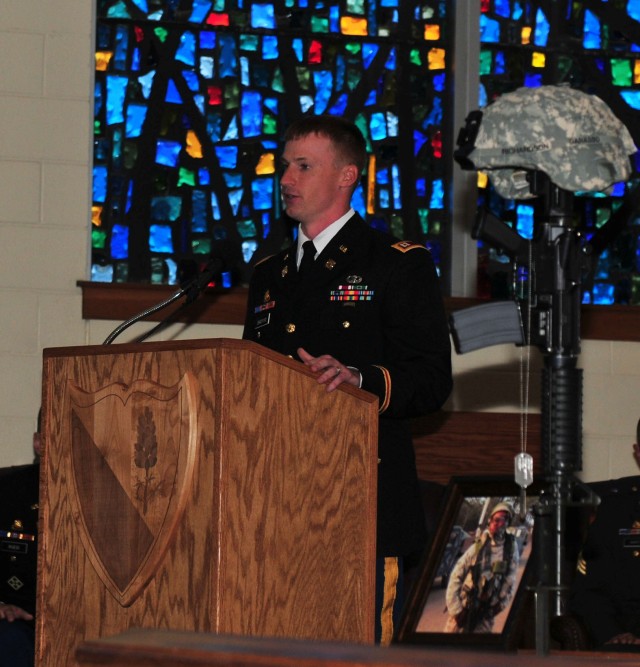 FORT HOOD, Texas - Capt. Adam Bradford, commander of A Company, 15th Brigade Support Battalion, 2nd Brigade Combat Team, 1st Cavalry Division, speaks about the service and life of Spc. Justin Richardson during the Memorial Ceremony in his honor on Fo...