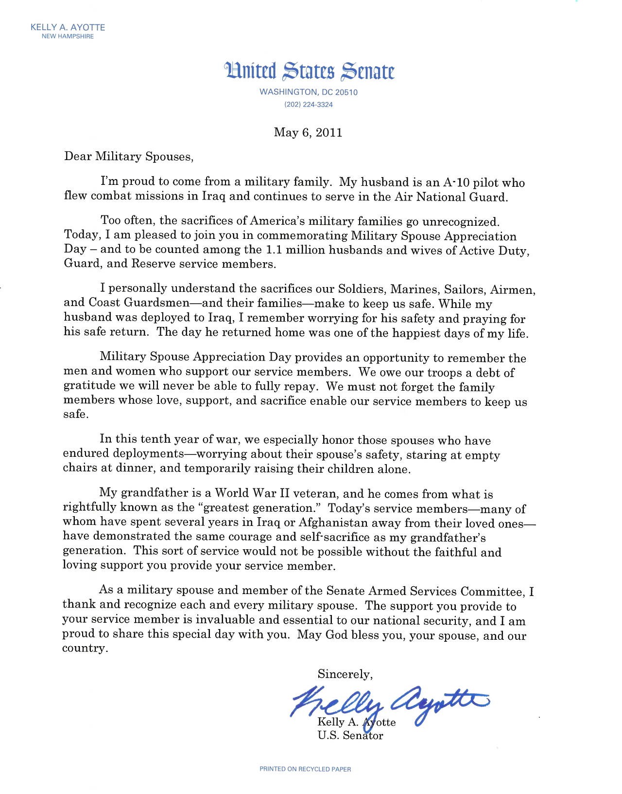 Sen Kelly Ayotte s Letter To Military Spouses Article The United 