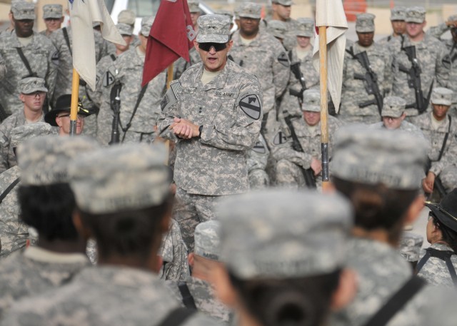 CONTINGENCY OPERATING SITE MAREZ, Iraq - Maj. Gen. Daniel Allyn, commanding general of 1st Cavalry Division, speaks with Soldiers assigned to 4th Advise and Assist Brigade, 1st Cav. Div., during a visit to Contingency Operating Site Marez, near Mosul...