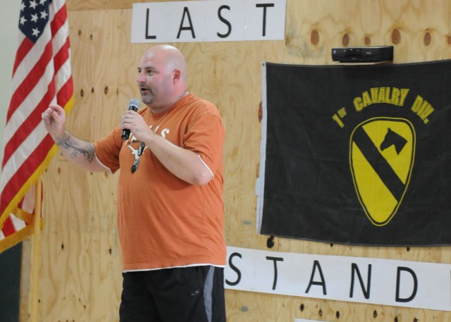 JOINT SECURITY STATION INDIA, Iraq -Scott Kennedy, a comedian from Lubbock, Texas, performs for U.S. Division-North Soldiers deployed in support of Operation New Dawn at Joint Security Station India, Iraq, May 5, 2011. Soldiers assigned to the 2nd Ba...