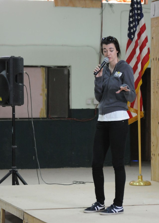 JOINT SECURITY STATION INDIA, Iraq- Carmen Lynch, a comedian from Manhattan, N.Y., performs for Soldiers at Joint Security Station India, Iraq, May 5, 2011. Lynch brought laughs to Soldiers assigned to 2nd Battalion, 7th Cavalry Regiment, 4th Advise ...