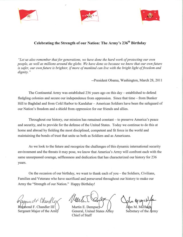 2011 Army Birthday tri-signed letter