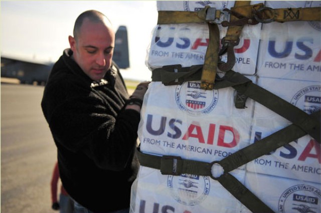 USAID relief supplies loaded on C-130