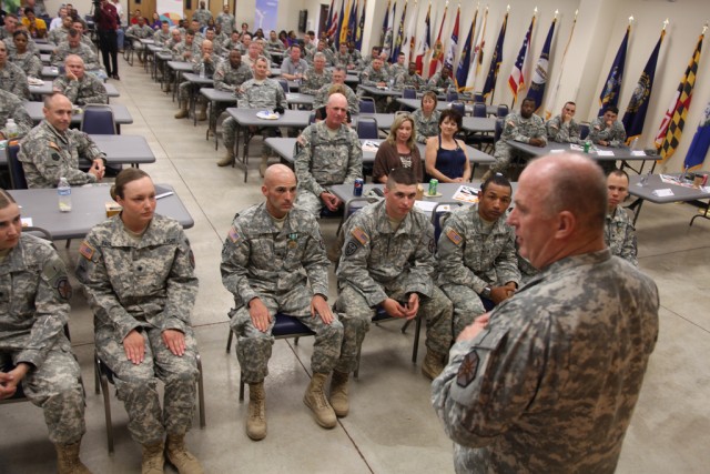 Lt. Gen. Rick Lynch speaks to competitors at Best Warrior Competition May 26 at Camp Bullis, Texas.