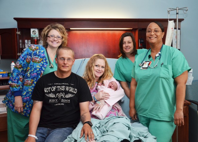 Marsh family and new daughter, Dallas, with CRDAMC Labor and Delivery Team